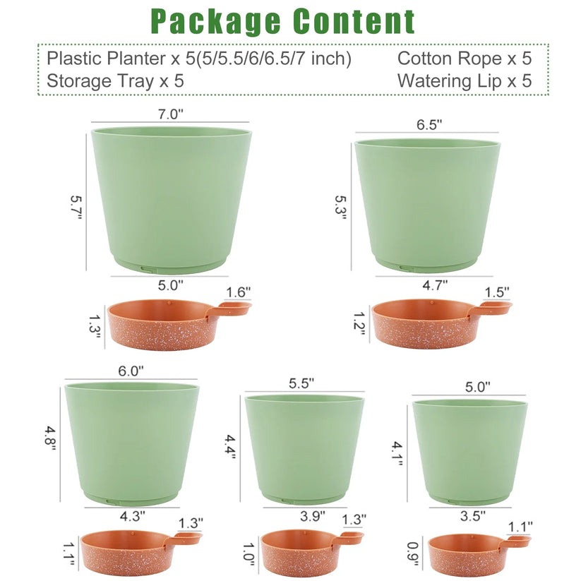 Self-Watering Planter Set – 5 Sizes (5" to 7") – Green, Pack of 5