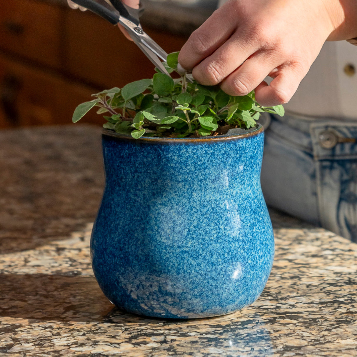 River Blue Ceramic Plant Pot with Removable Liner