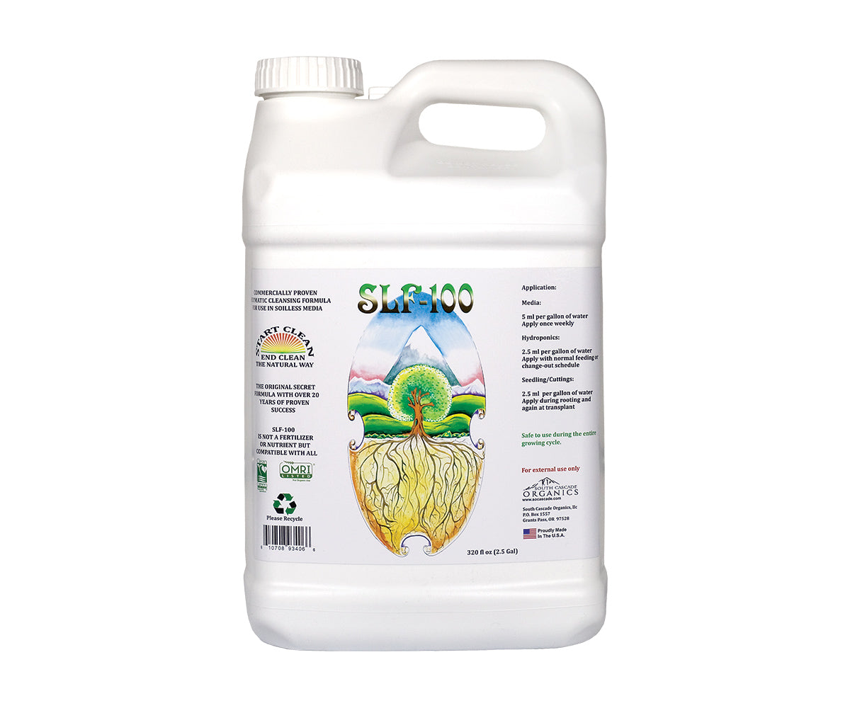 A white gallon-sized container of South Cascade Organics SLF-100, with product information and illustrations.