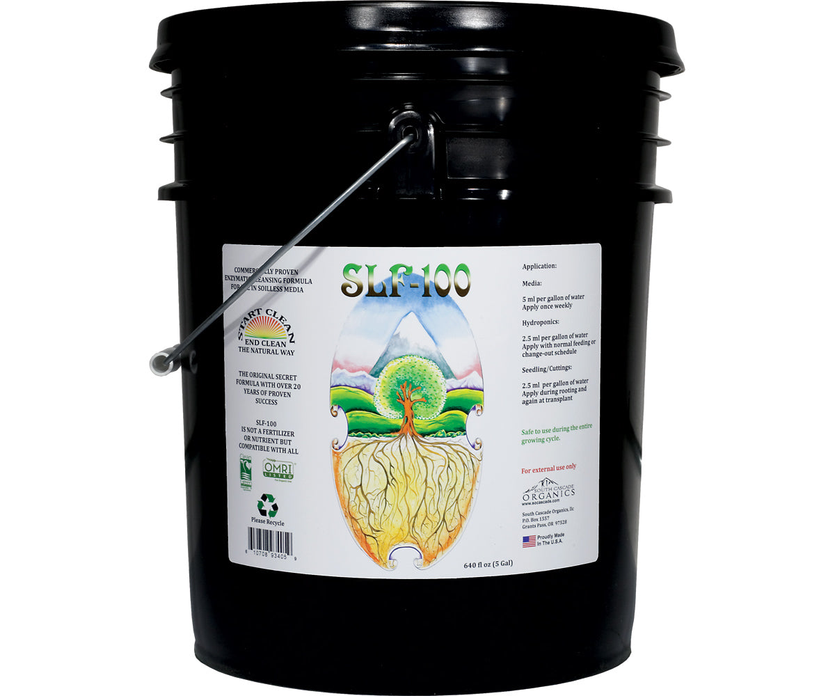 A white 5 gallon-sized container of South Cascade Organics SLF-100, with product information and illustrations.