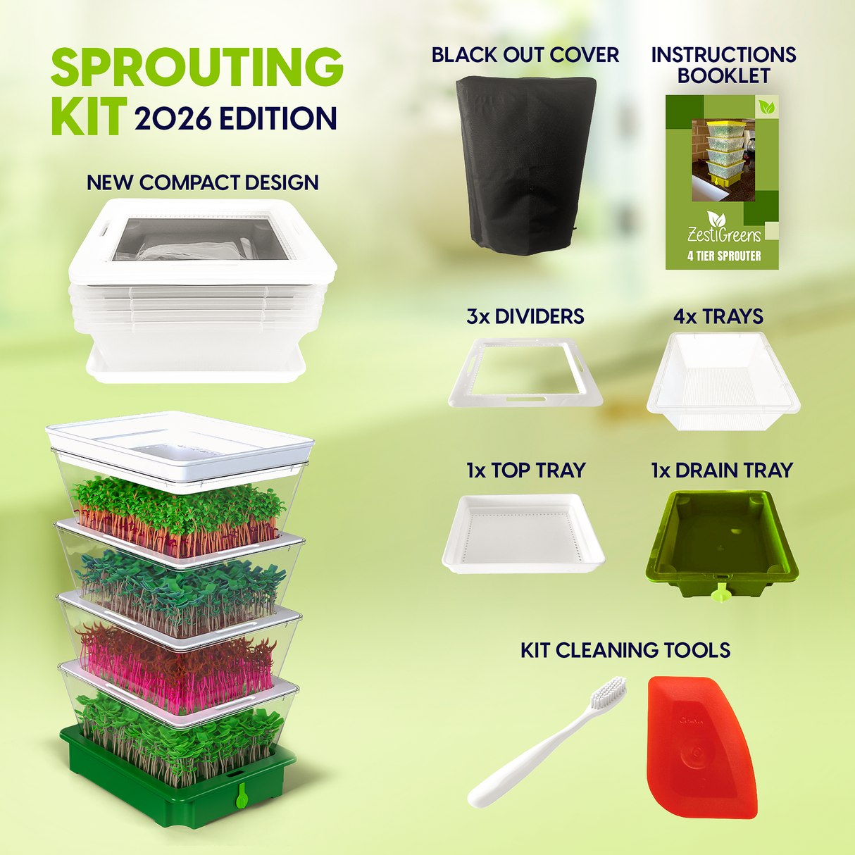 ZestiGreens Tiered Sprouting Kit with Drain Spout – BPA-Free Stackable Seed Sprouter Trays