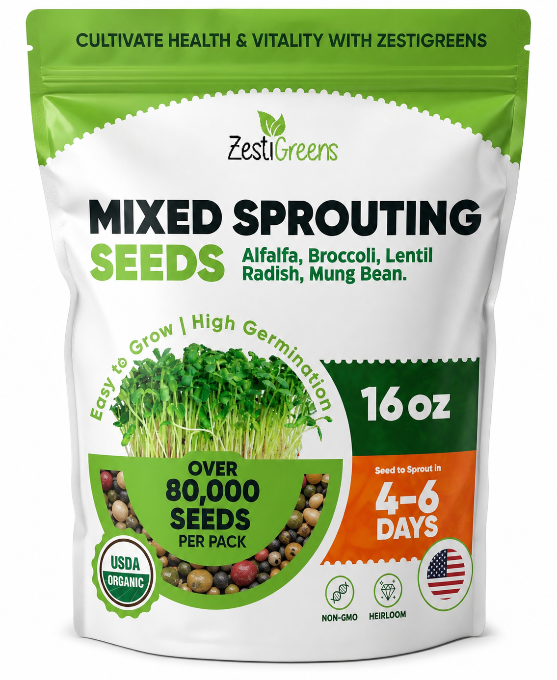 ZestiGreens Organic Sprouting Seed Mix – Broccoli, Radish & More