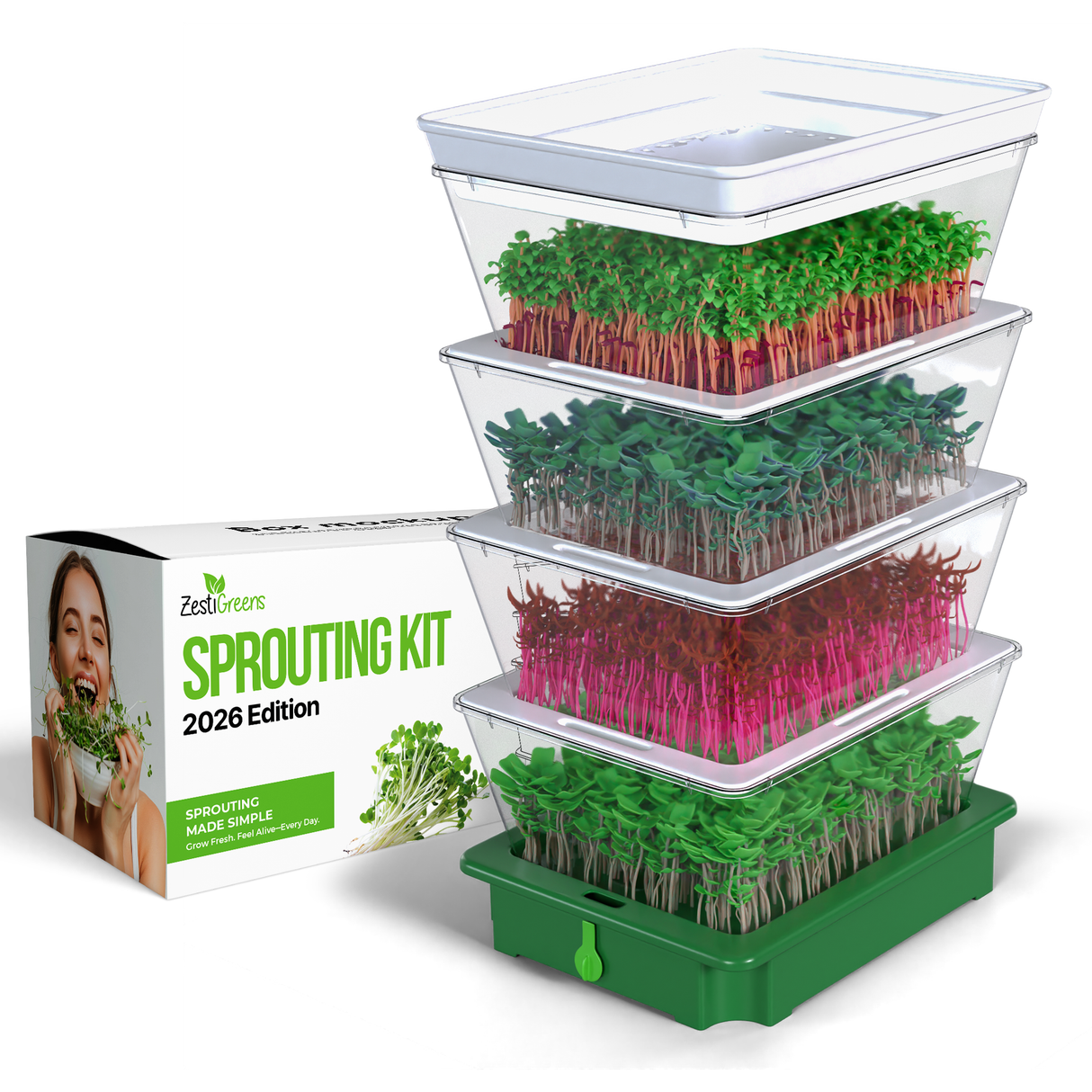 ZestiGreens Tiered Sprouting Kit with Drain Spout – BPA-Free Stackable Seed Sprouter Trays