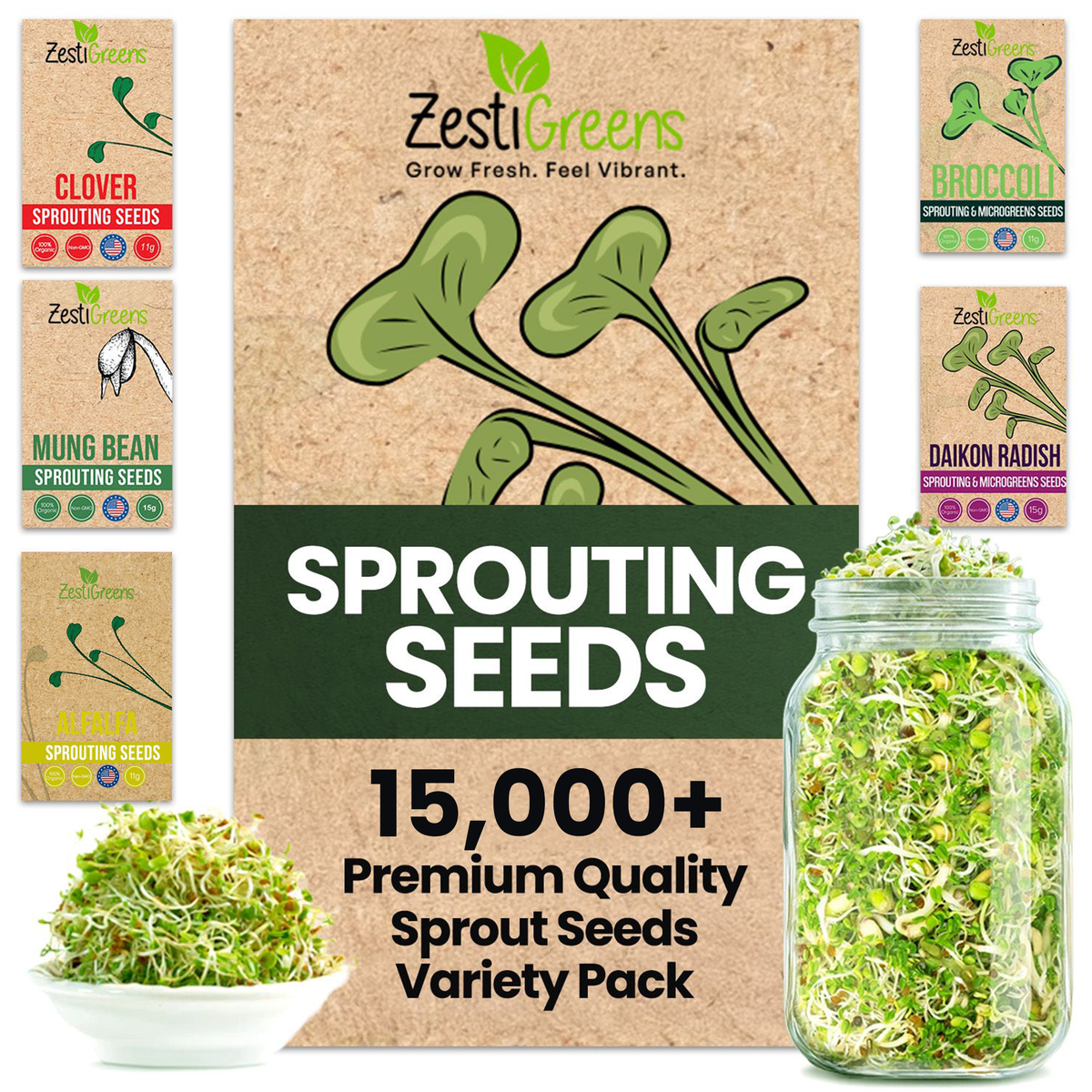 ZestiGreens Organic Sprouting Seeds 5 Variety Pack – Broccoli, Alfalfa, Mung Bean, Daikon Radish & Clover