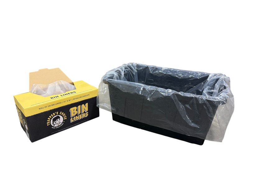 Box of bin liners with a single liner on a white background
