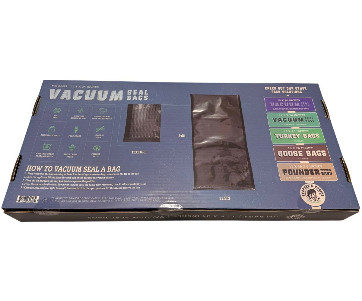 Trapper’s Choice 11.5" x 24" Black/Clear Vacuum Seal Bags – 5 Mil – Pack of 100