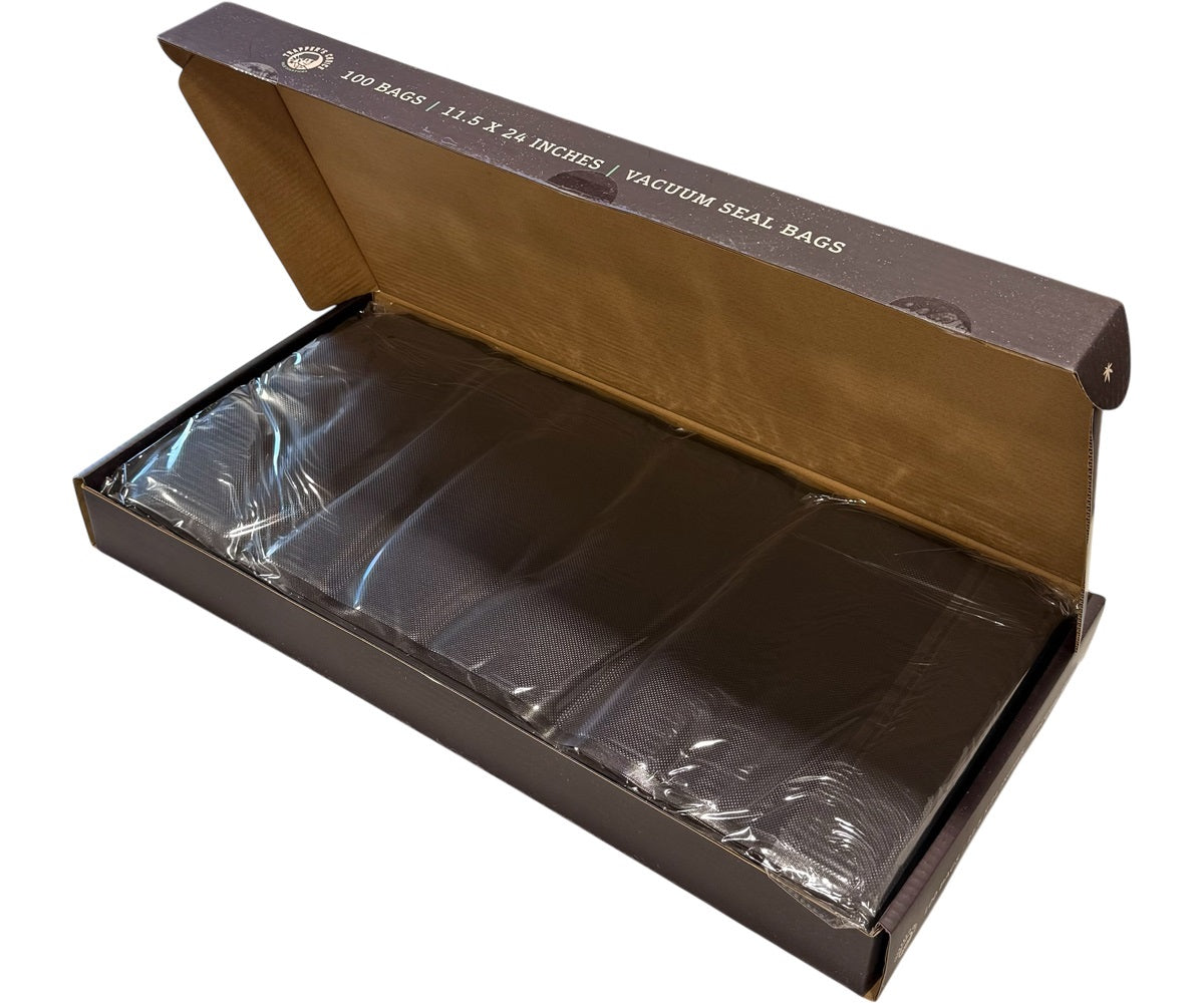 Box of vacuum seal bags with clear bags inside on a white background