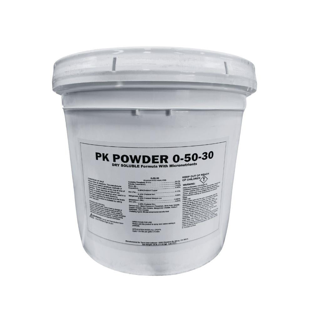 White bucket labeled 'PK Powder 0-50-30' on a white background