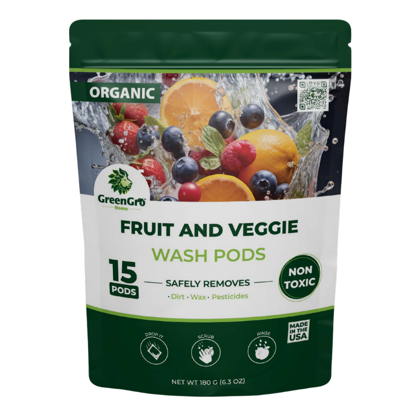 A stand-up pouch of GreenGro Organic Fruit and Veggie Wash Pods, featuring a white and dark green design with a graphic of fresh fruits and vegetables in a water splash.