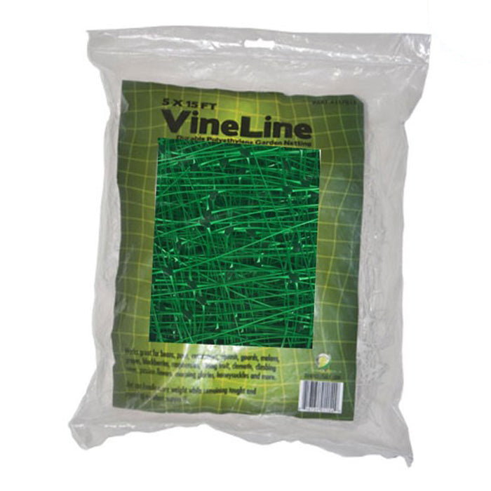 Bag of VineLine garden netting with green pattern on a white background