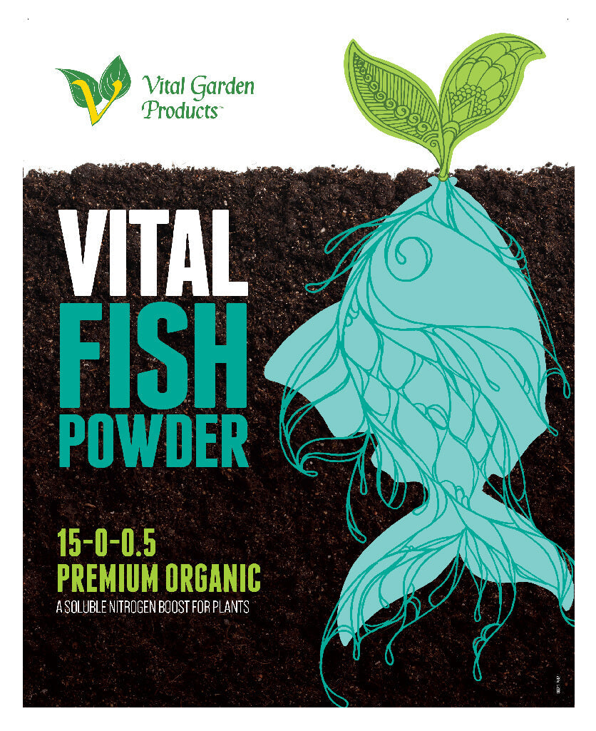 Vital Fish Powder packaging with fish illustration and soil texture