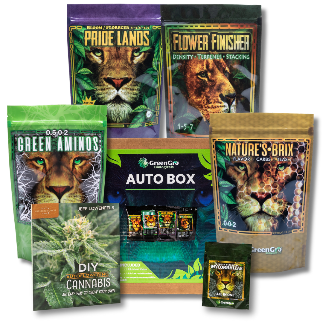 A product bundle of GreenGro Auto Box cannabis growing and dispensary accessories, including Green Aminos, Pride Lands, Flower Finisher, Nature's Brix, a DIY cannabis guide, and a Mycology Bookie, arranged together on a white background.