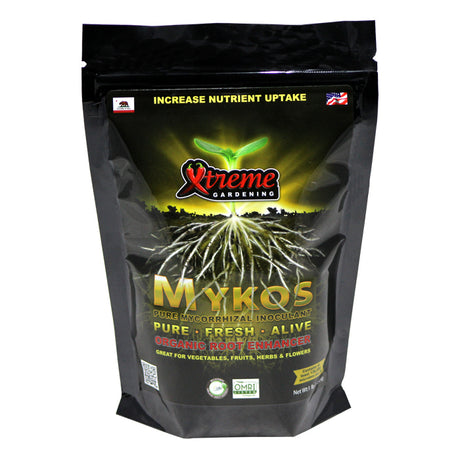 Black bag of Xtreme Gardening Mykos with root imagery and branding on a white background