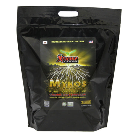 Black bag with Xtreme Gardening Mykos product packaging on a white background