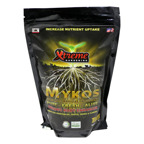 Black packaging of Xtreme Gardening Mykos with root graphic and branding on a white background