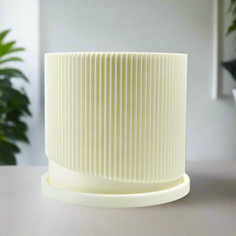 Mid-Century Ribbed 3D Printed Planter with Drainage & Saucer