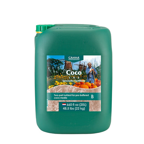 Green container of Canna Coco fertilizer on a white background