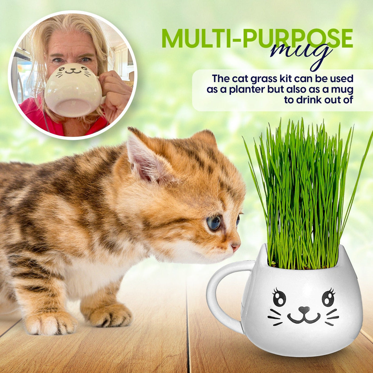 ZestiGreens Cat Grass Mug Growing Kit – Ceramic Planter with Organic Wheatgrass Seeds