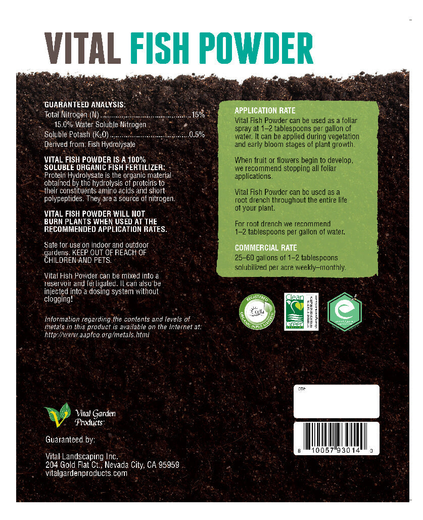 Vital Fish Powder packaging with text and labels on a dark background