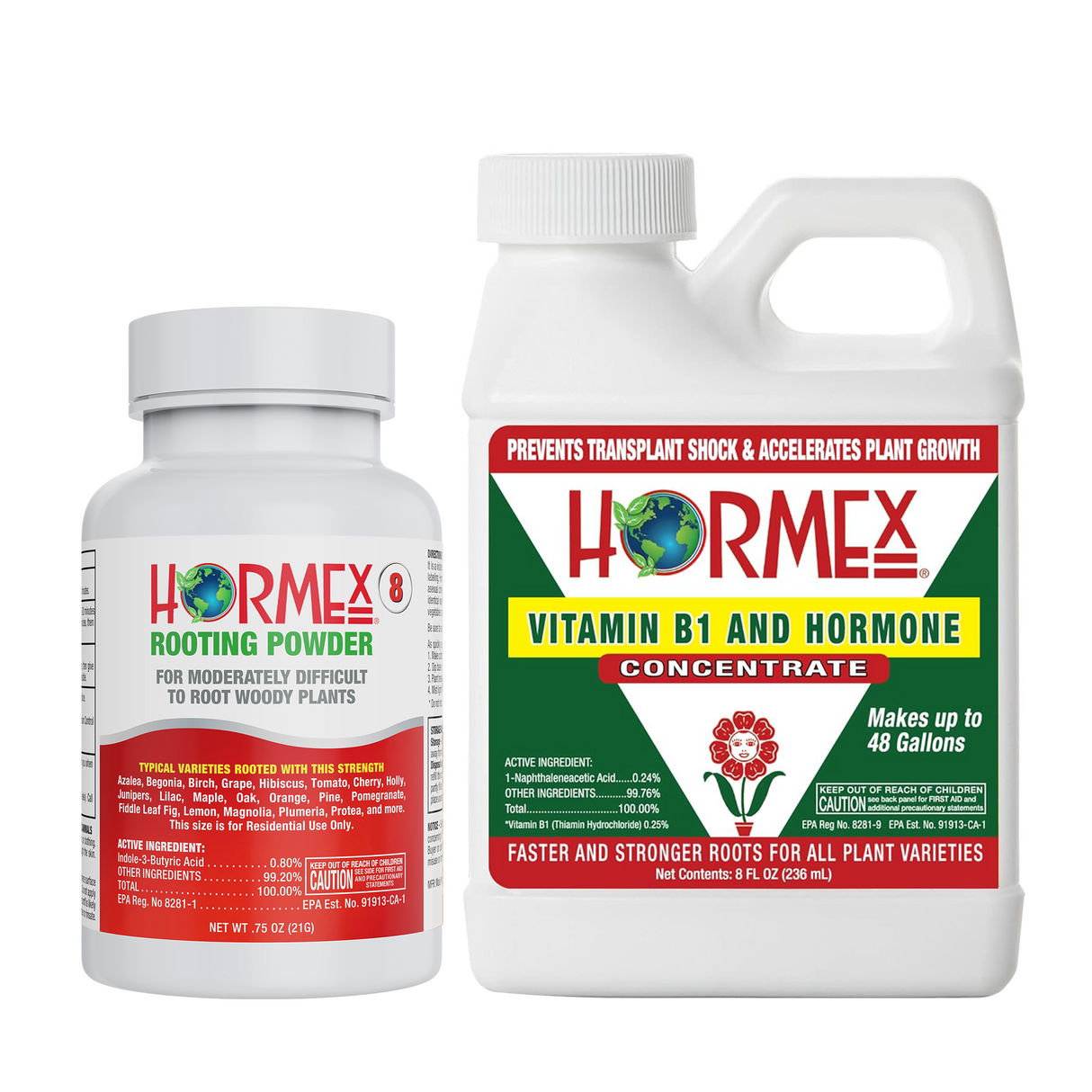 Two Hormex plant growth products on a white background