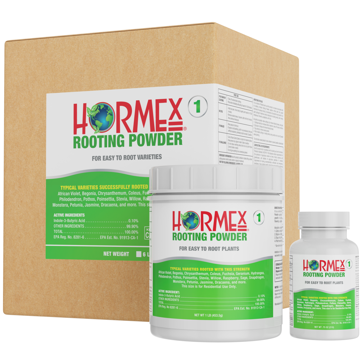 Hormex Rooting Powder packaging including a box and two bottles on a white background
