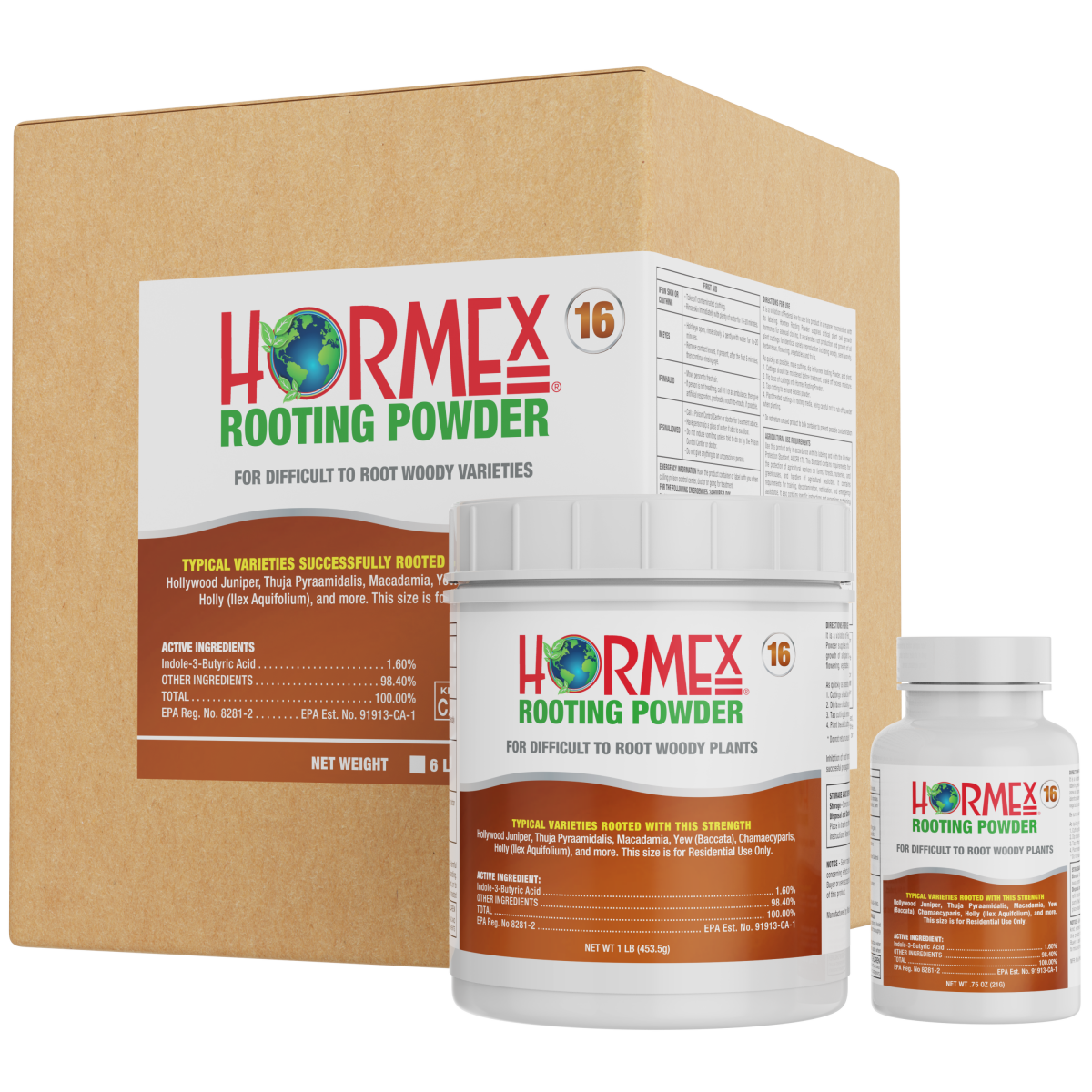 Hormex Rooting Powder packaging including a large box and two smaller bottles on a white background.