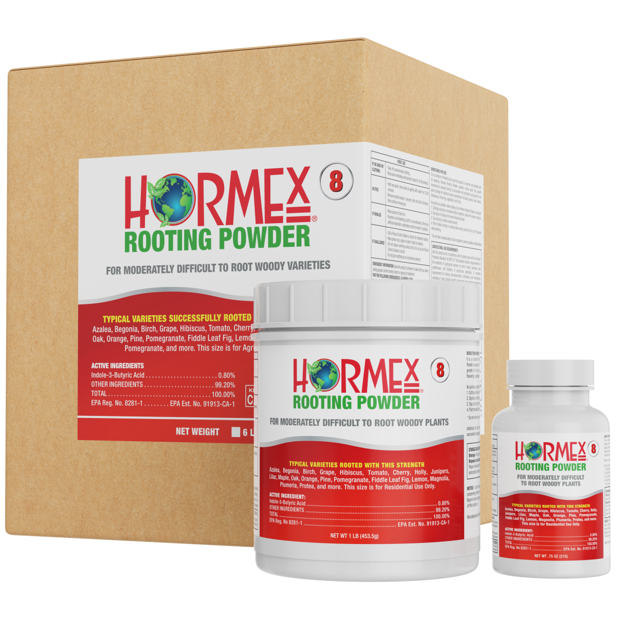 Hormex Rooting Powder packaging including a box and two bottles on a white background
