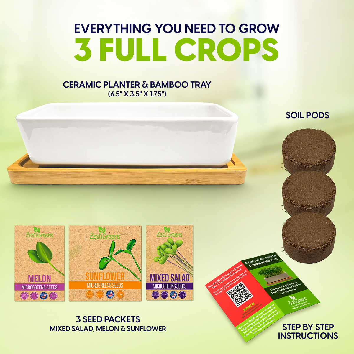 ZestiGreens Ceramic Microgreens Growing Kit – Sunflower, Melon & Mixed Seeds