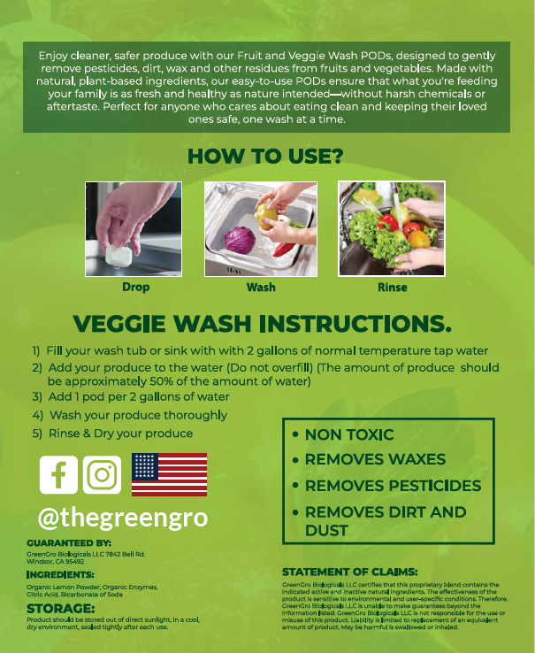 Instructions for using Veggie Wash on a green background with text and images.
