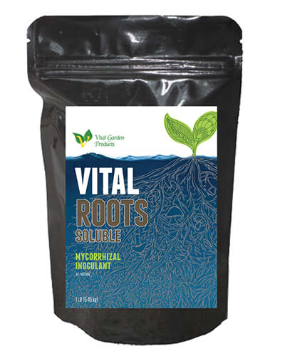 Black bag of Vital Roots Soluble mycorrhizal inoculant with a blue label on a white background
