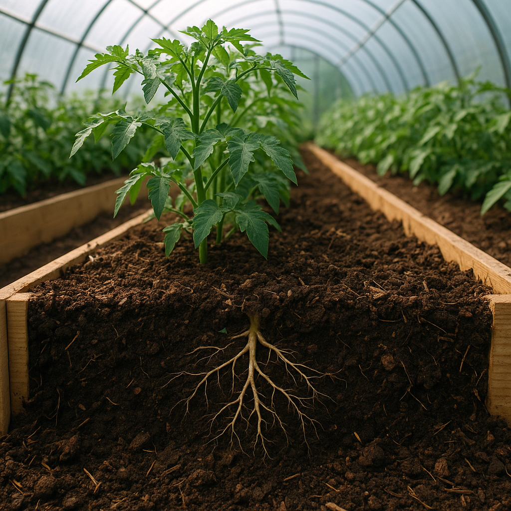 Image of plant and roots in greenhouse