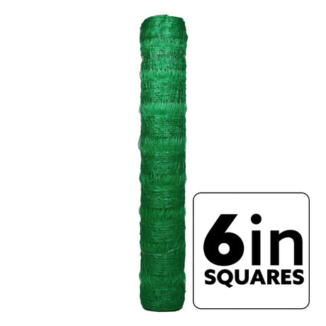 Green poultry netting with a label indicating '6in squares' on a white background