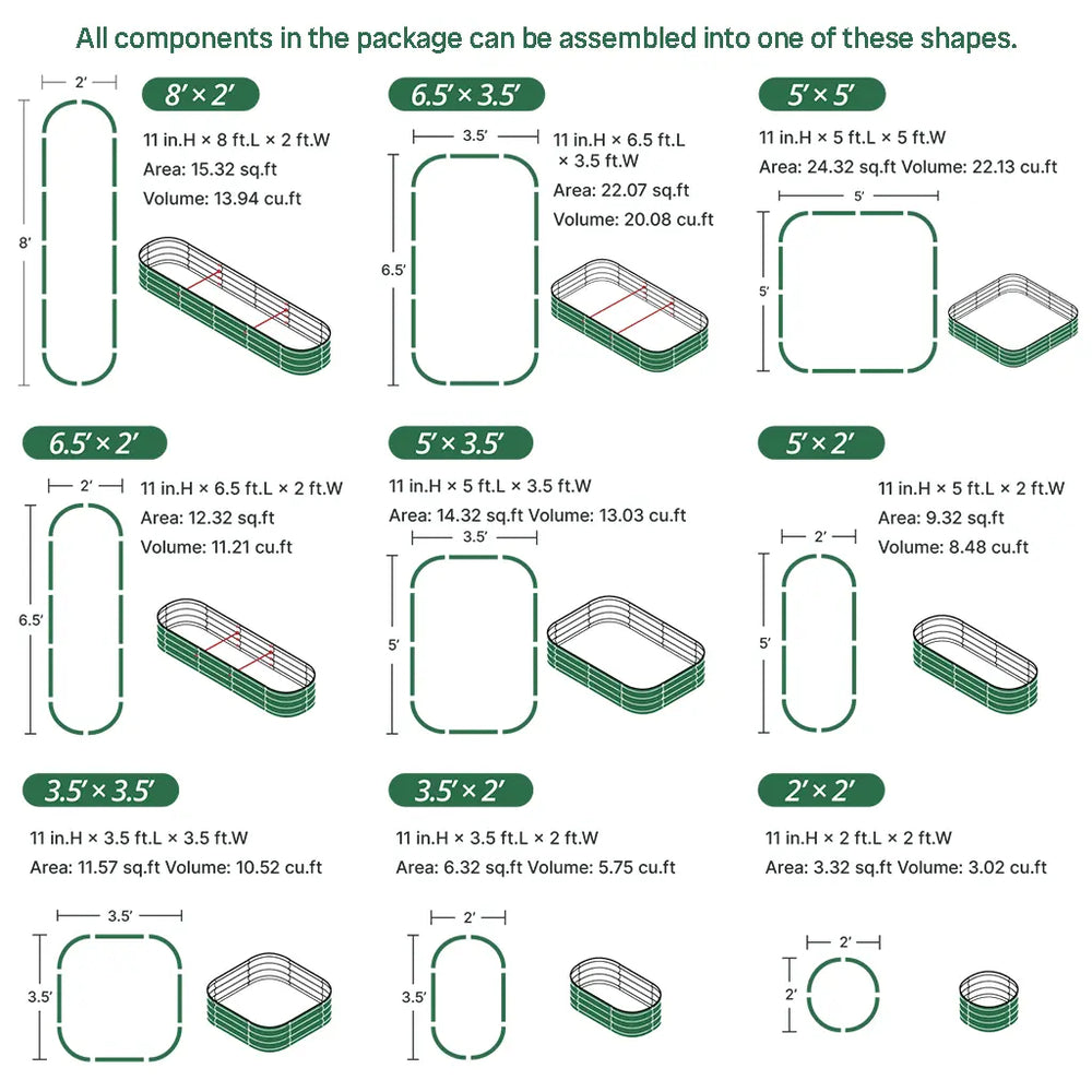 Vegega 11'' Tall 8x2 Corrugated Metal Flower Bed (9 in 1) v2.0