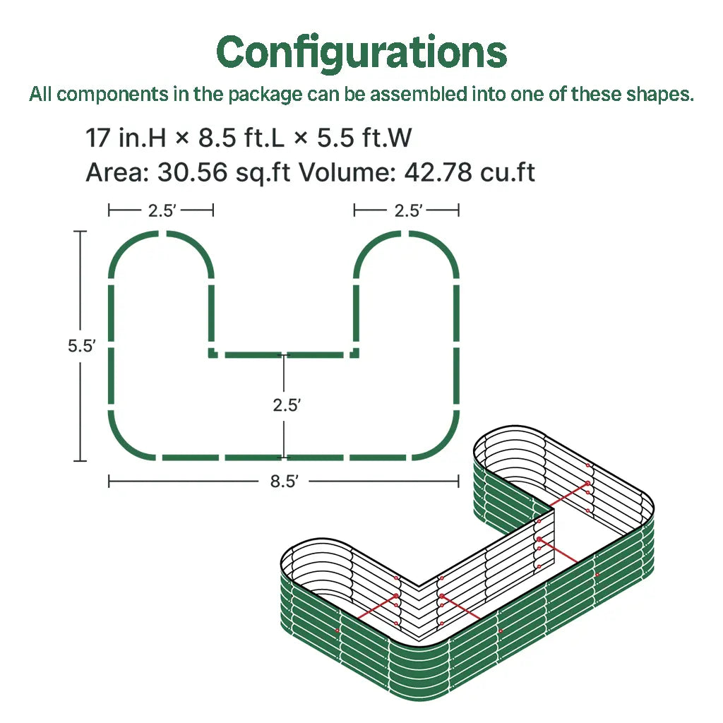 Vegega 17" Tall U Shaped Raised Garden Bed v2.0