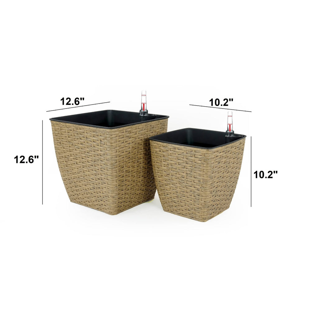 2-Pack Self-watering Planter - Hand Woven Wicker - Thin Square - Natural