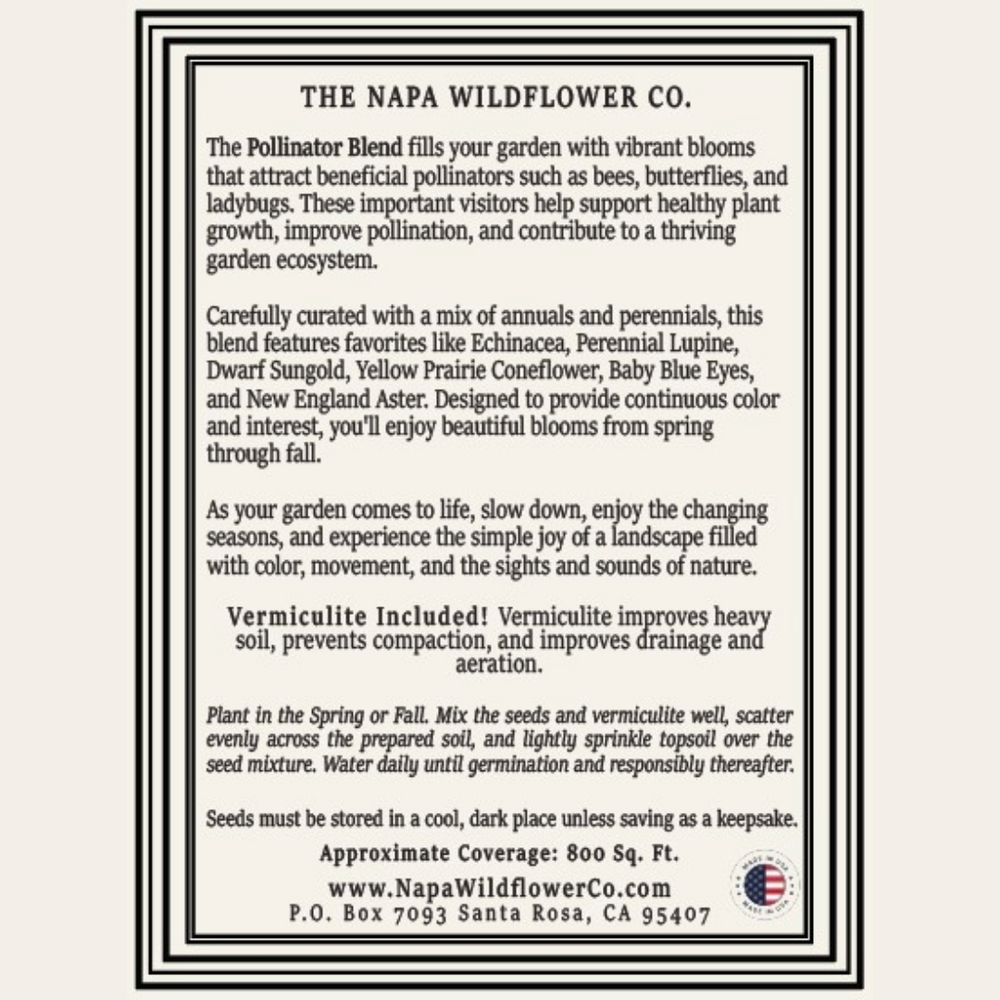 Napa Valley Wildflower Co Pollinator Garden Wildflower Seed Mix