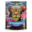 GreenGro Organic Natural Acid Loving Fertilizer for home and garden, in a resealable pouch featuring a large lion face surrounded by colorful berries and flowers.