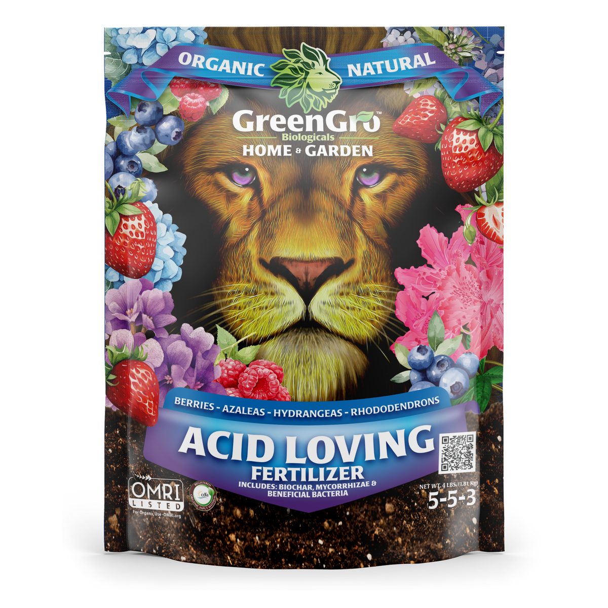 GreenGro Organic Natural Acid Loving Fertilizer for home and garden, in a resealable pouch featuring a large lion face surrounded by colorful berries and flowers.