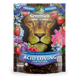 GreenGro Organic Natural Acid Loving Fertilizer for home and garden, in a resealable pouch featuring a large lion face surrounded by colorful berries and flowers.