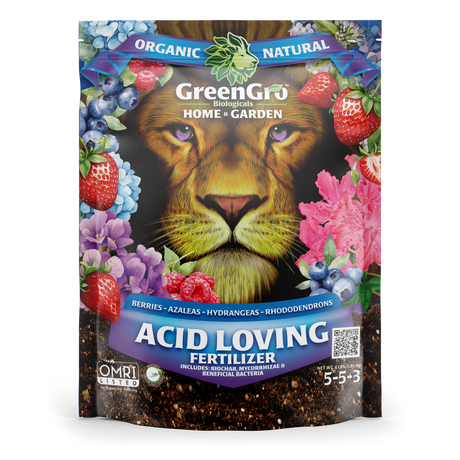 GreenGro Organic Natural Acid Loving Fertilizer for home and garden, in a resealable pouch featuring a large lion face surrounded by colorful berries and flowers.