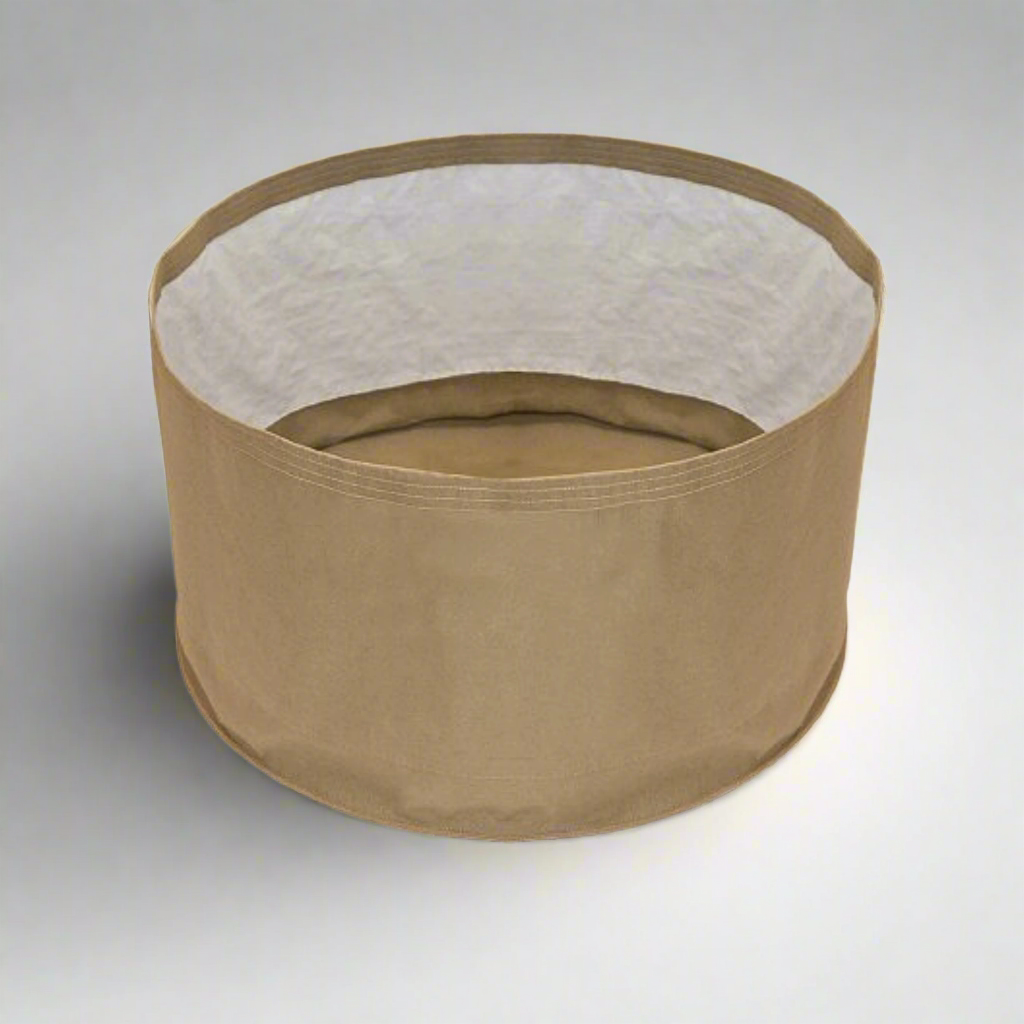 Brown fabric pot with white interior on a white background, featuring the Grassroots logo.