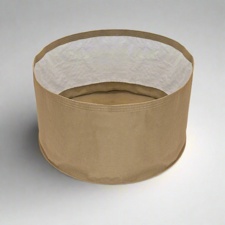 Brown fabric pot with white interior on a white background, featuring the Grassroots logo.