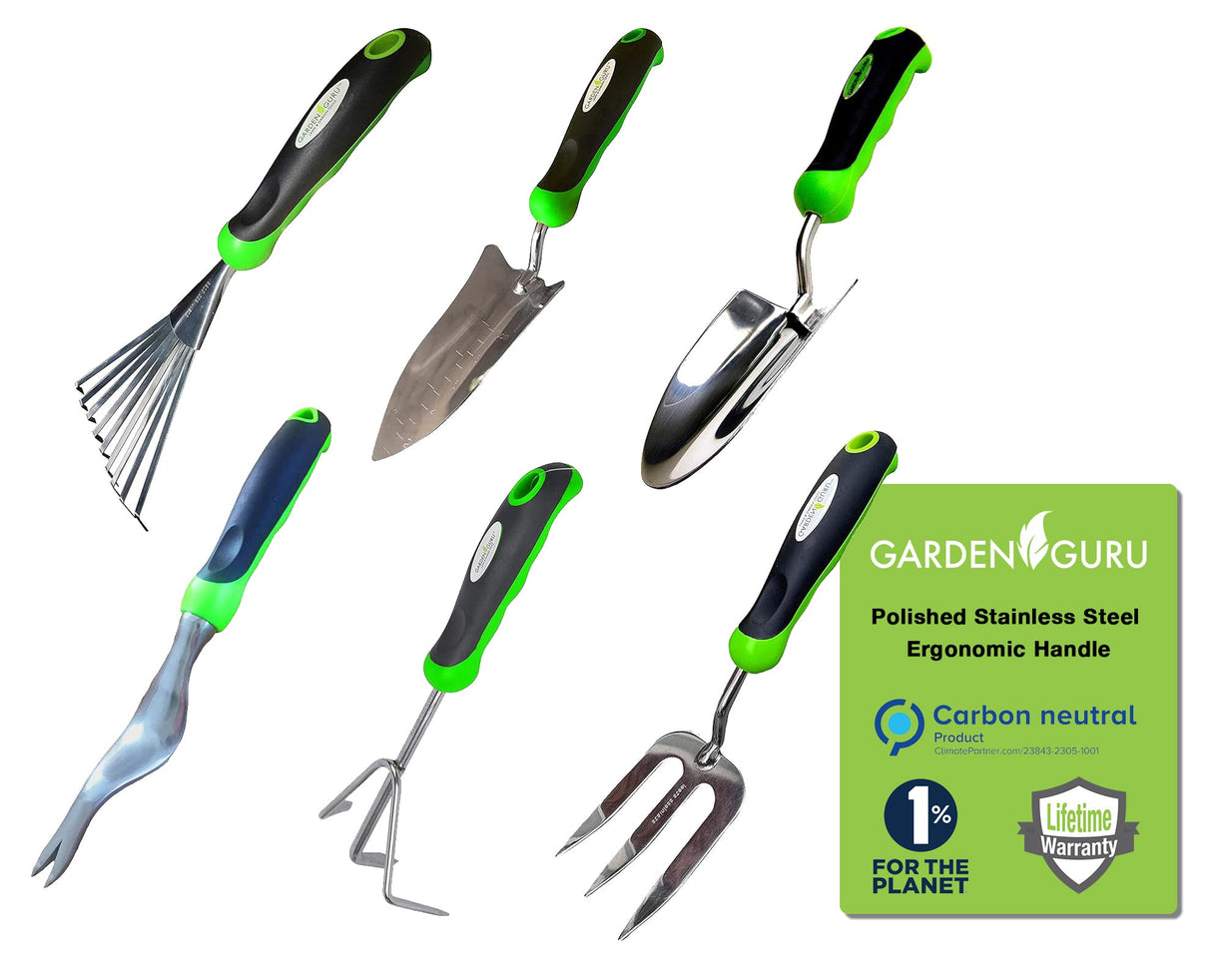 Garden Guru Stainless Steel 6pc Gardening Tool Set (Includes Trowel Transplanter Rake Weeder Cultivator Fork)