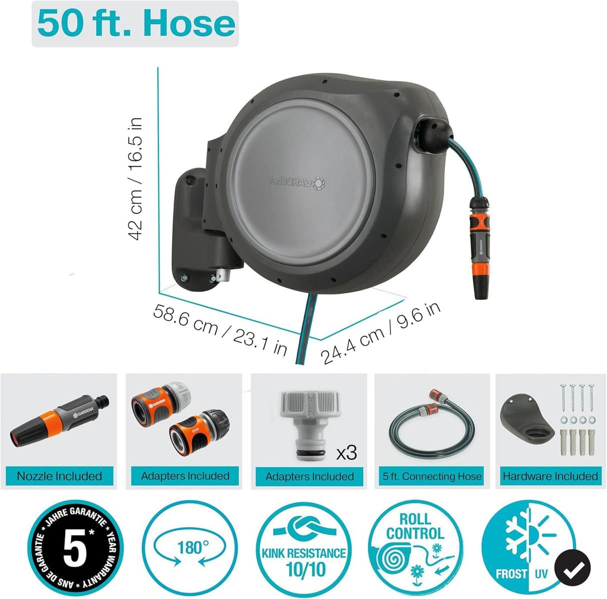 Gardena 50 ft. Wall Mount Hose Reel – Frost-Protected Garden Hose Storage