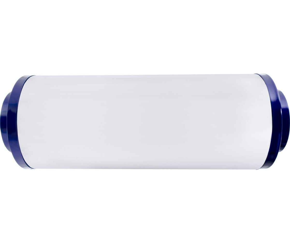 White cylindrical object with blue ends on a white background