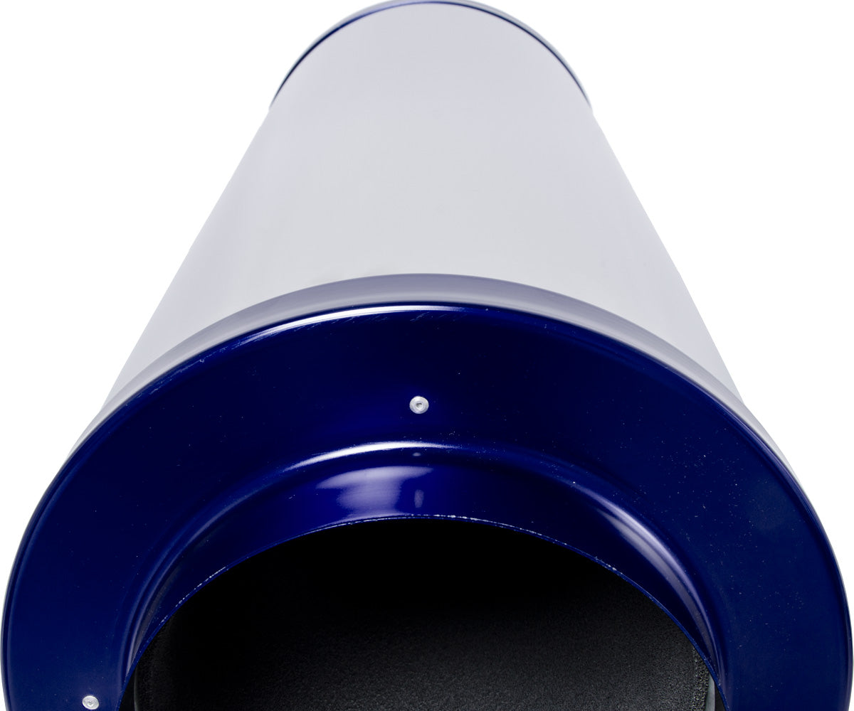 Close-up of a blue and white inline carbon filter on a white background