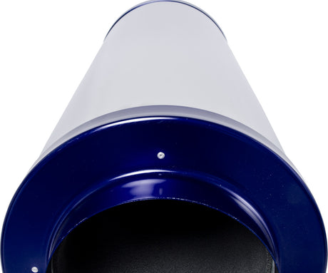 Close-up of a blue and white inline carbon filter on a white background