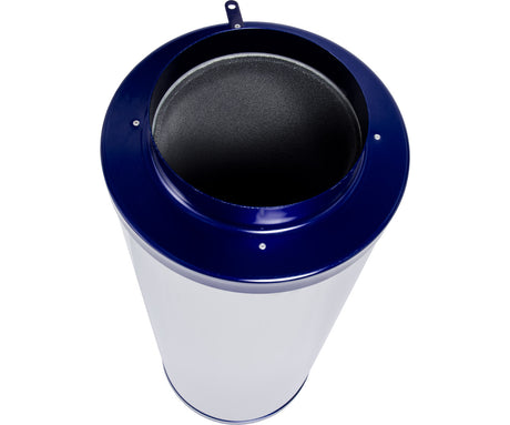 inline carbon filter with blue top and white body on a white background