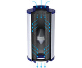 Illustration of an inline carbon filter with blue arrows indicating airflow on a white background