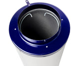 Blue and white inline carbon filter with a central black component on a white background